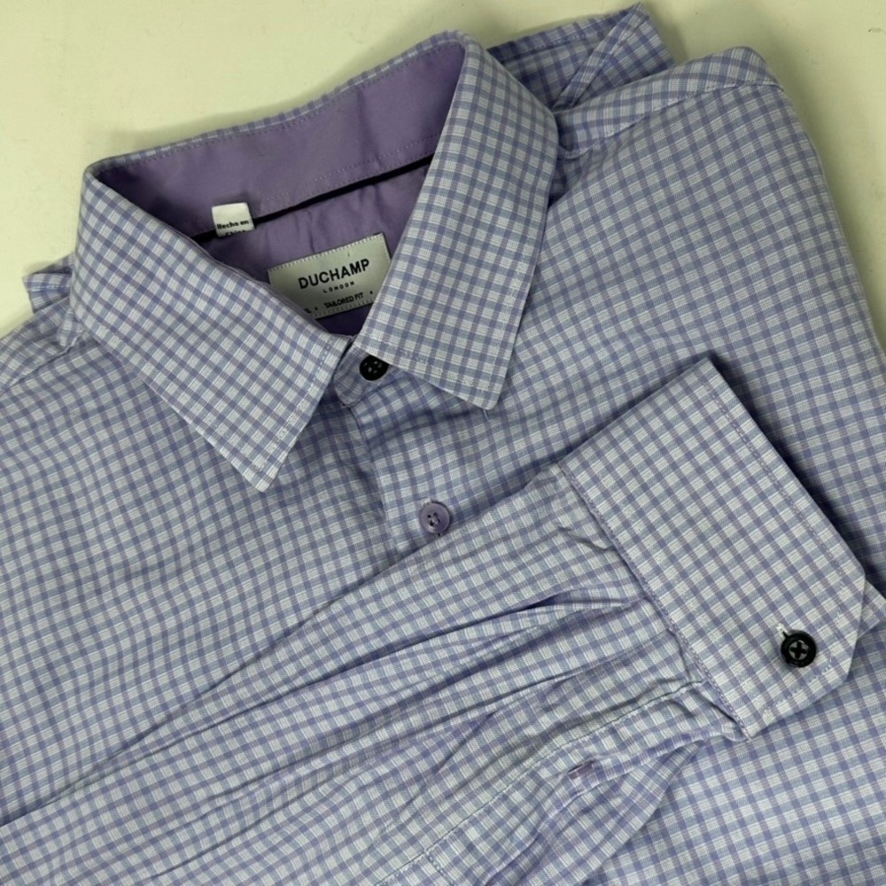 Duchamp London Mens 17.5 XL Tailored Fit Purple Gingham Button Down Shirt EUC